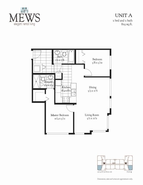 Floor plan for 2 beds, 2 baths, 828 sqft